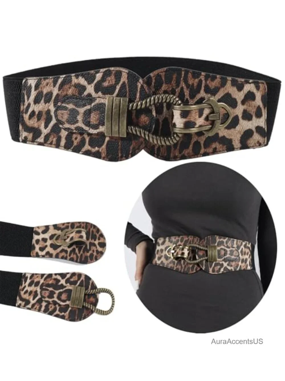 Novelty Leopard Print PU Leather Stretchy Elastic Wide Cinch Belt 2.35